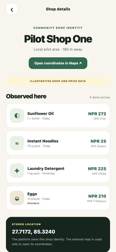 Kati Paryo shop screen with observed products and external map link